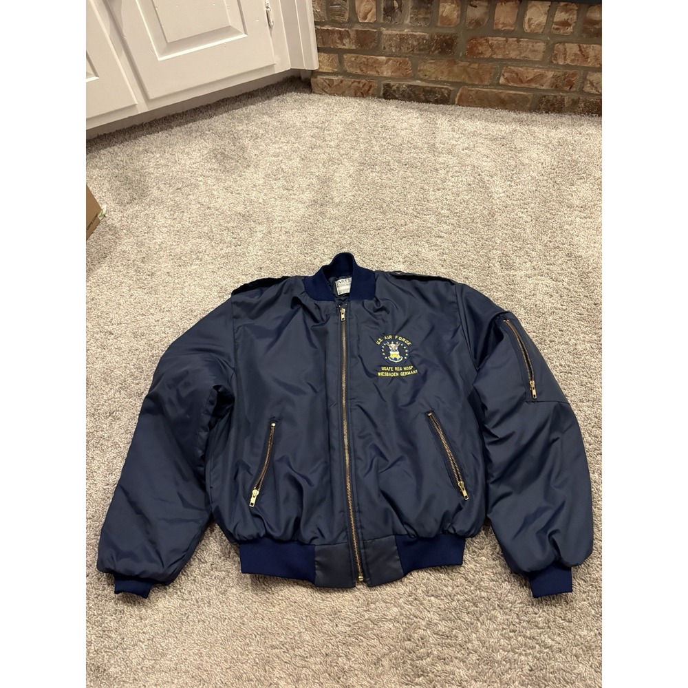 Vintage US Air Force Blue Bomber Flyers Jacket Zip Pocket XL USA USAFE REG HOSP